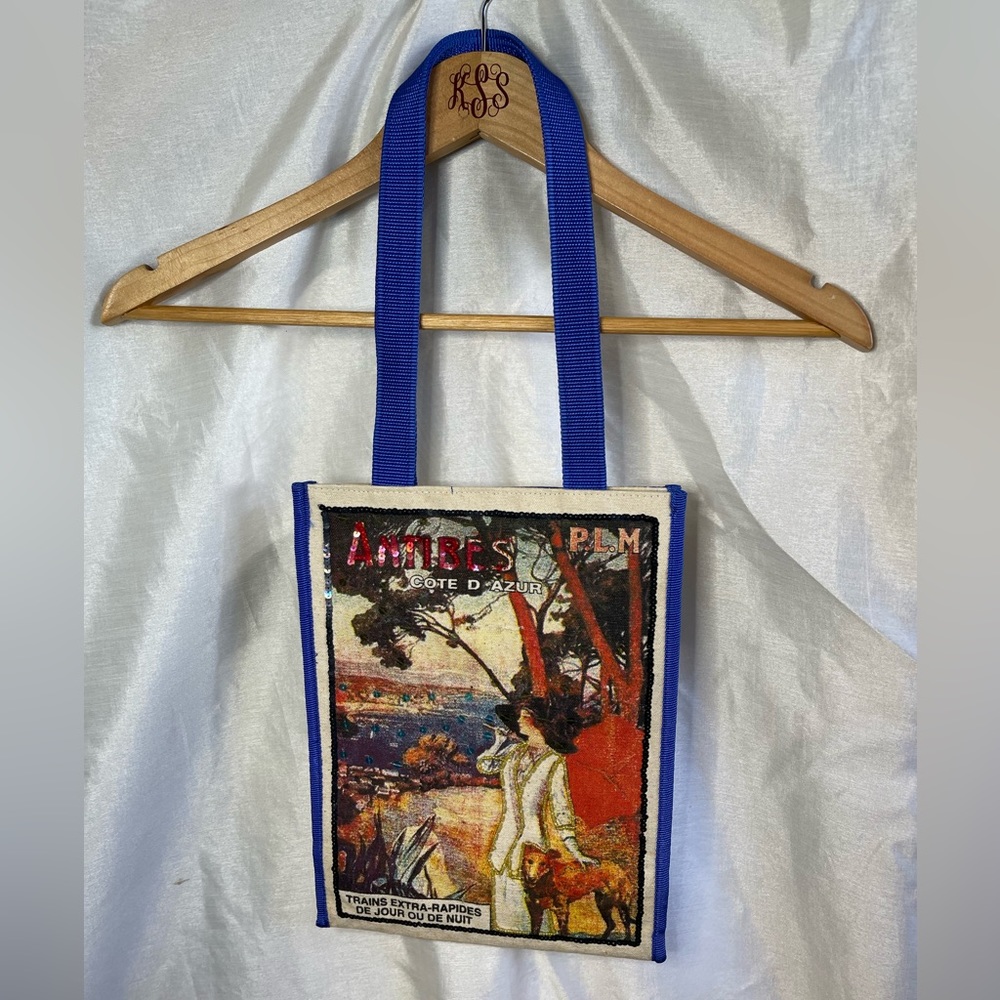 Antibes Cote D Azur Print Sequin Embellished Canvas Shoulder Tote Bag Purse